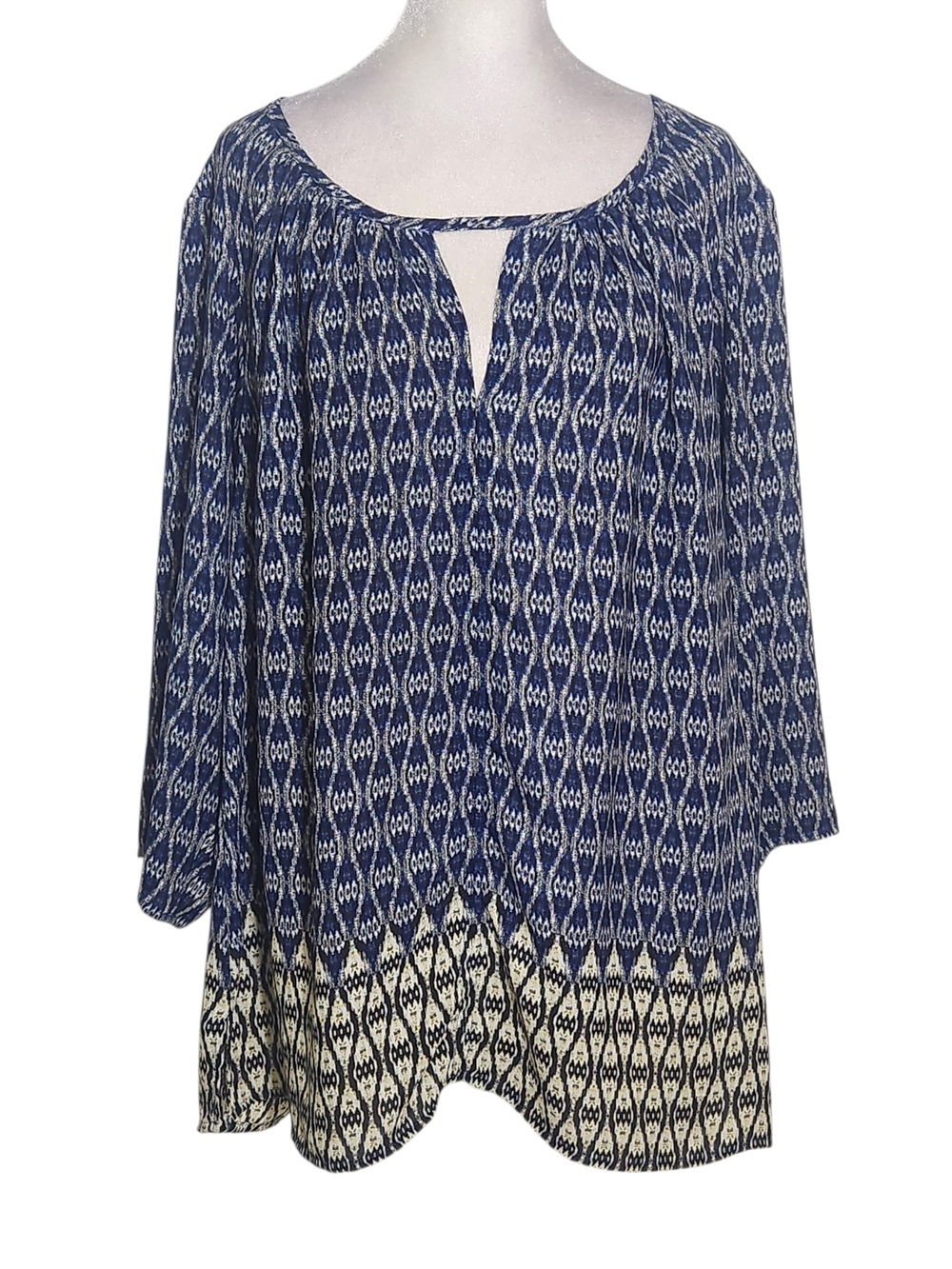 Rose & Olive Navy Ikat Print Peasant Blouse Size 1X